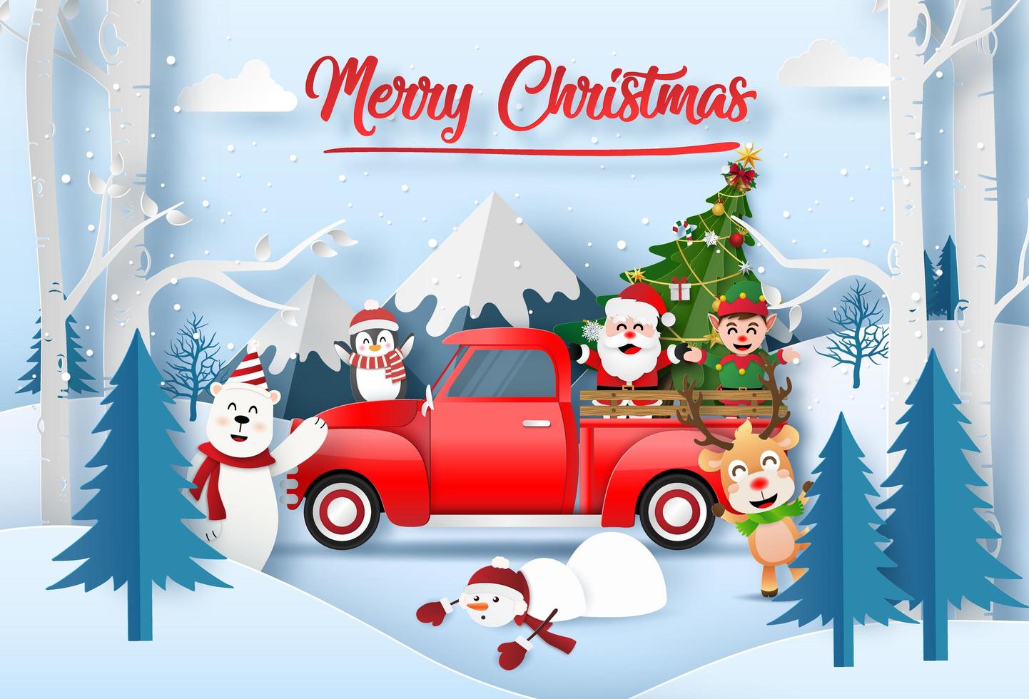 Origami paper art of Santa Claus with friend celebrating for Christmas at the mountain with red truck  vector