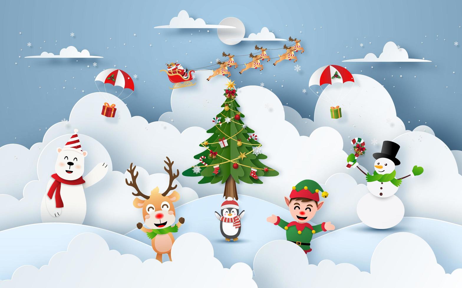 Origami Paper art of Christmas party at snow mountain  vector