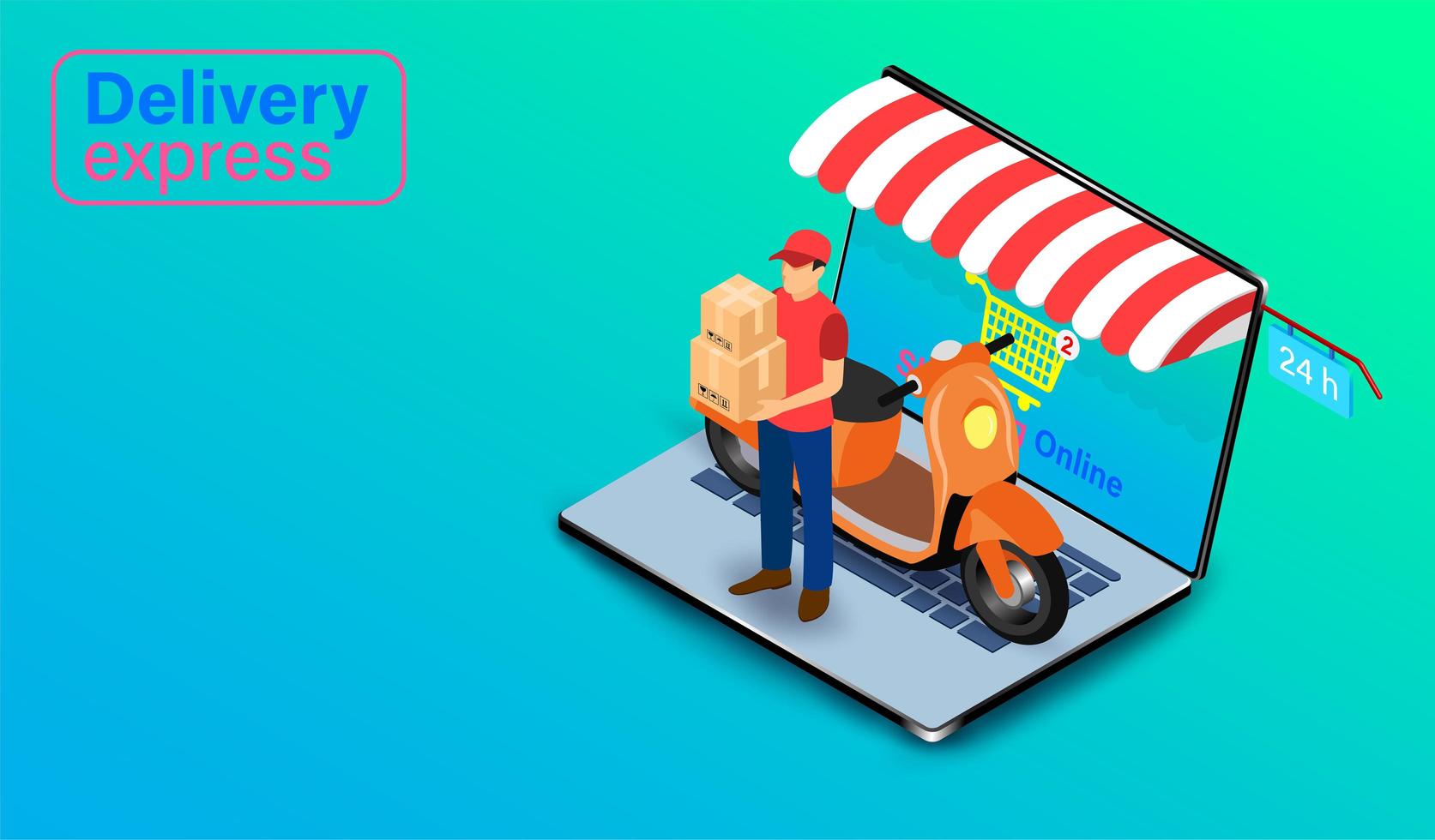 Delivery Express by Parcel Delivery Person with Scooter on Laptop vector