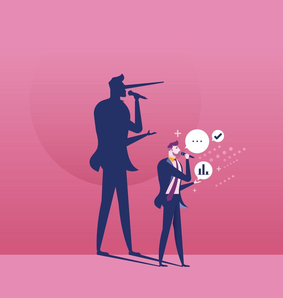 The Liar Concept businessman with long nose shadow vector