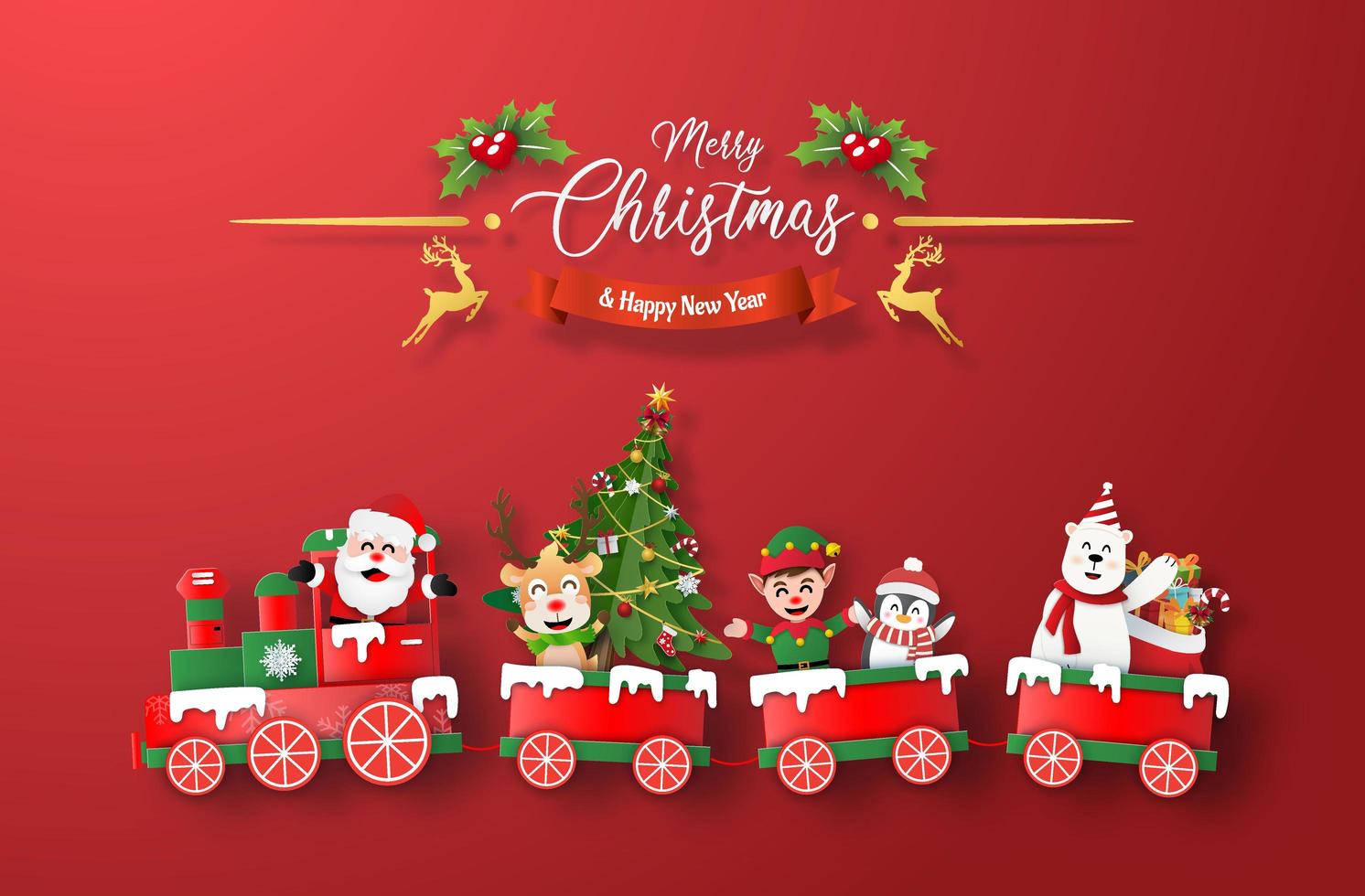 Origami paper art of Christmas train with Santa Claus and character on red background vector