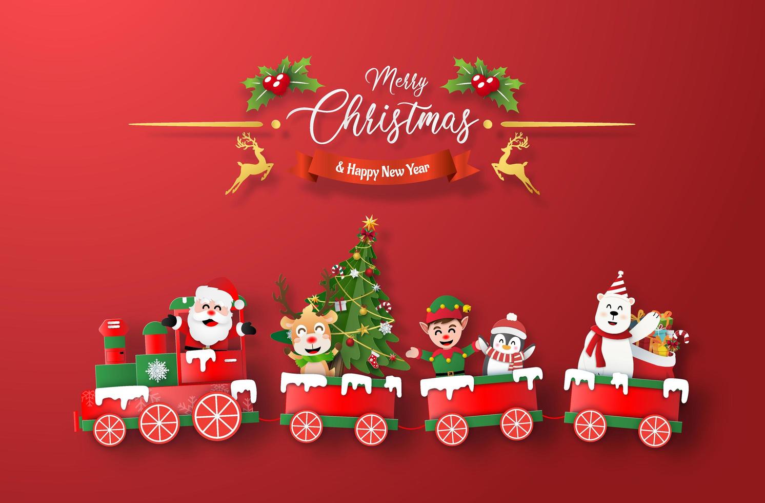 Arte de papel origami de tren de navidad con santa claus y personaje sobre fondo rojo. vector