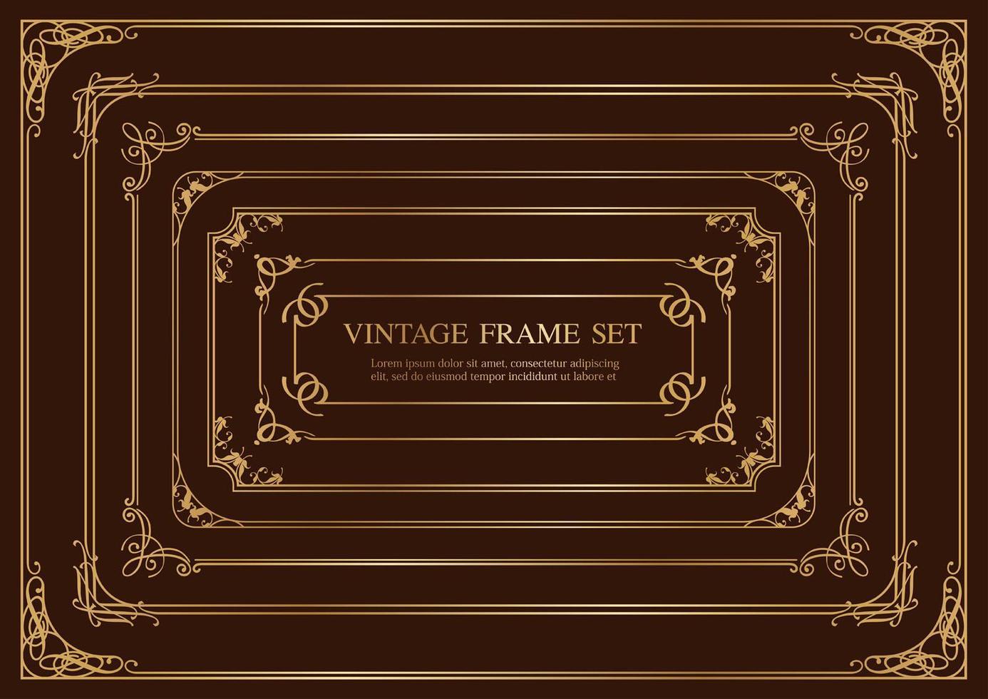 Set Of Seven Gold Rectangular Vintage Frames Isolated On A Dark Background. vector