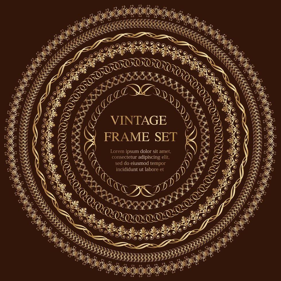 Set Of Seven Gold Round Vintage Frames Isolated On A Dark Background. vector