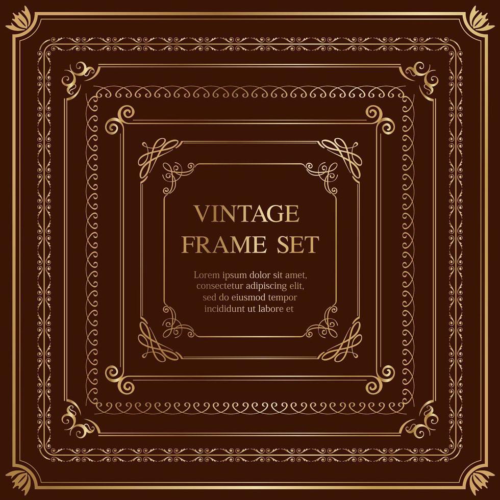 Set Of Seven Gold Square Vintage Frames Isolated On A Dark Background. vector