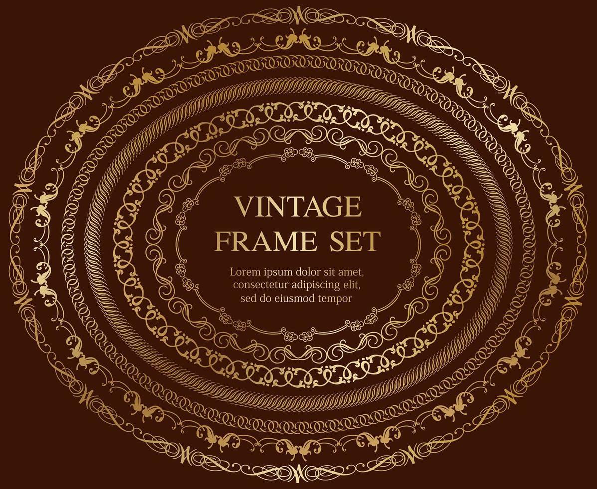 Set Of Seven Gold Oval Vintage Frames Isolated On A Dark Background.  vector