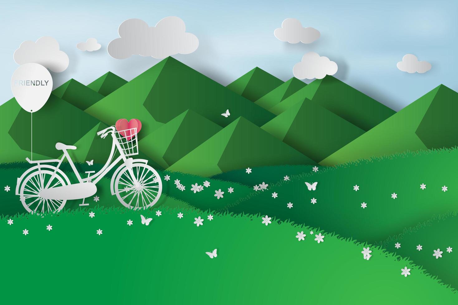 Bicicleta en el fondo verde de la montaña diseño ecológico vector