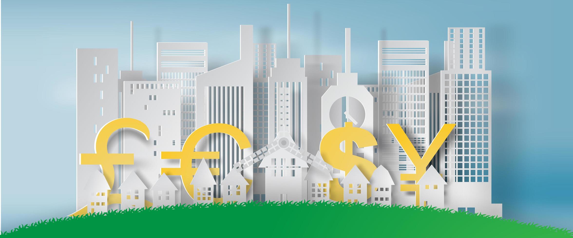 Paper Art Cityscape with Currency Shapes  vector