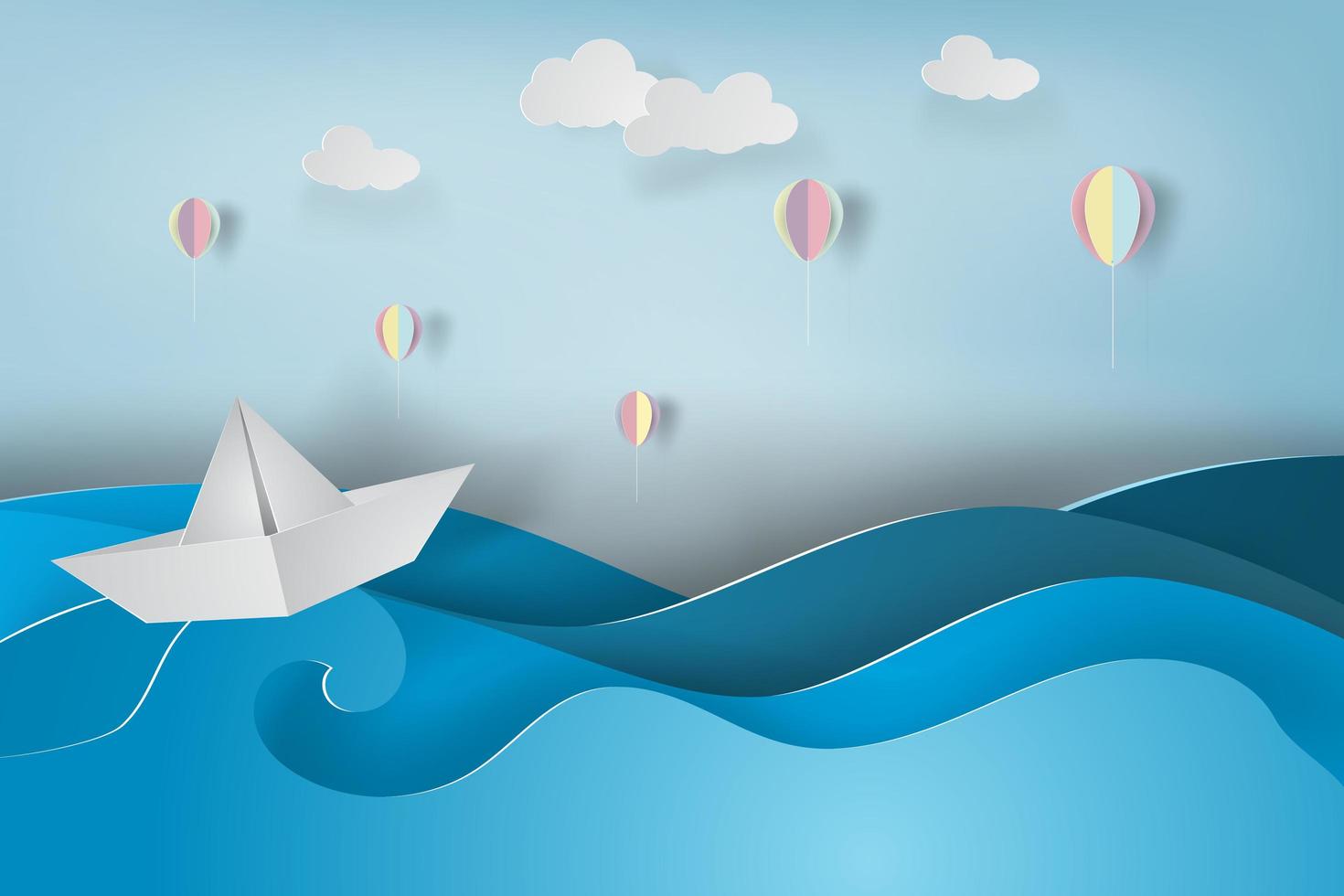 Paper Art with Boat on Ocean  vector