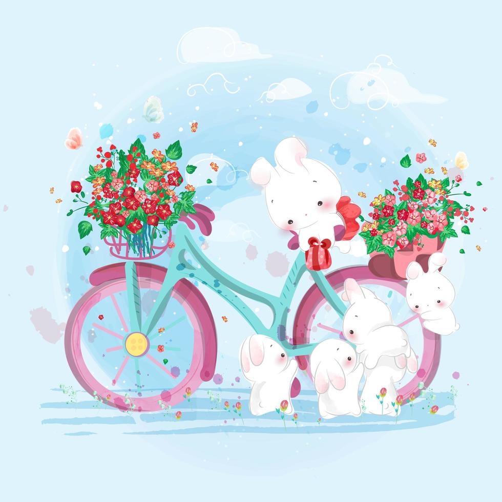 Rabbit riding a bike full of flowers vector