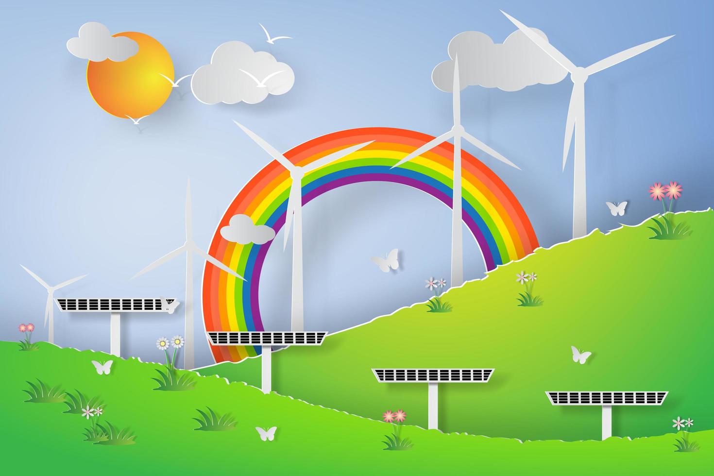 Green Wind Turbine Solar Energy 3D Paper Art Design  vector