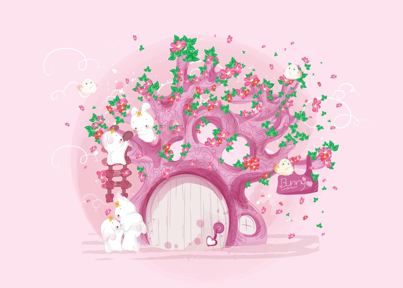 Rabbit and pink tree vector