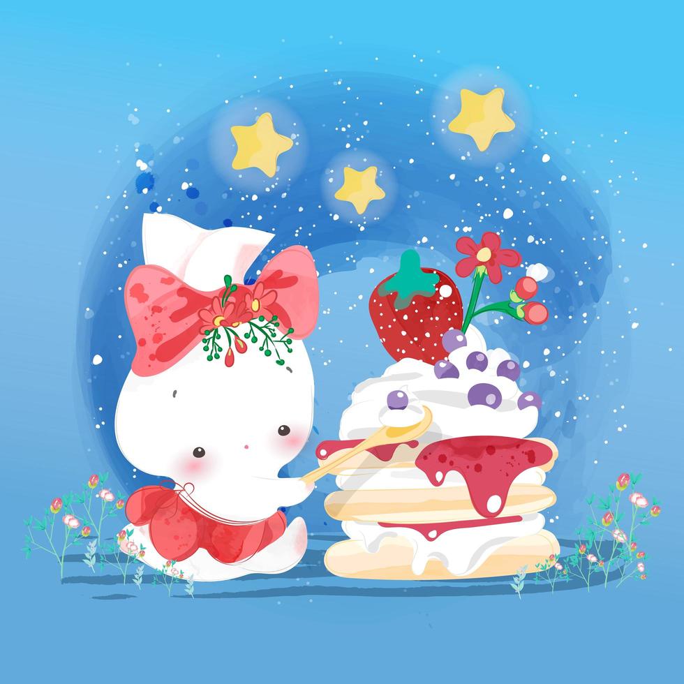 Rabbit eating strawberry cake vector