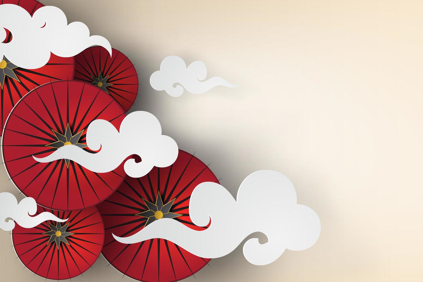 sombrillas japonesas rojas con diseño de arte de papel de nubes vector