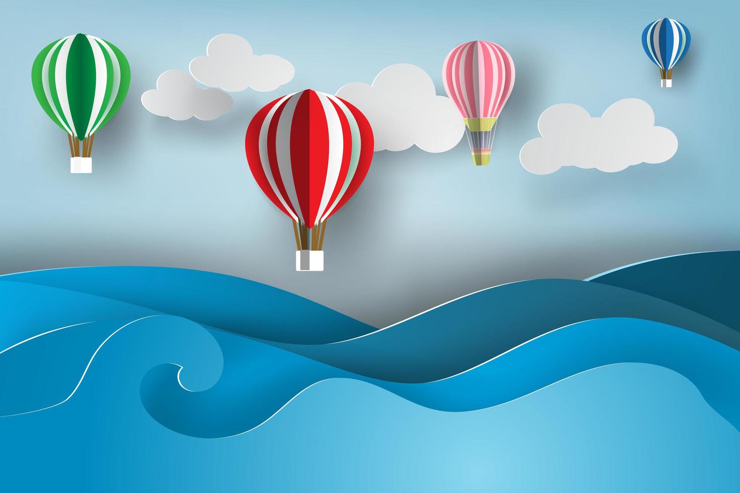 Paper Art Hot Air Balloons Over Ocean  vector