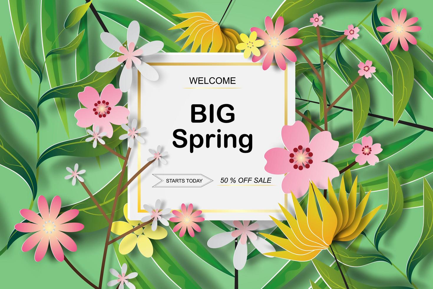 banner de venta de primavera de arte de papel en capas vector