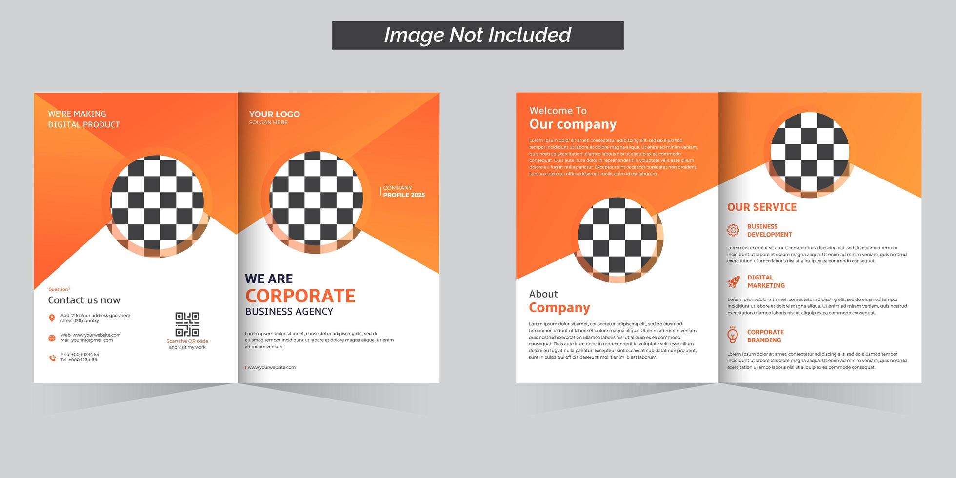 Corporate business agency bifold brochure in orange design vector
