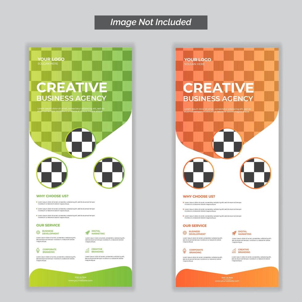 Agencia de negocios creativa enrollar banner en naranja y verde vector