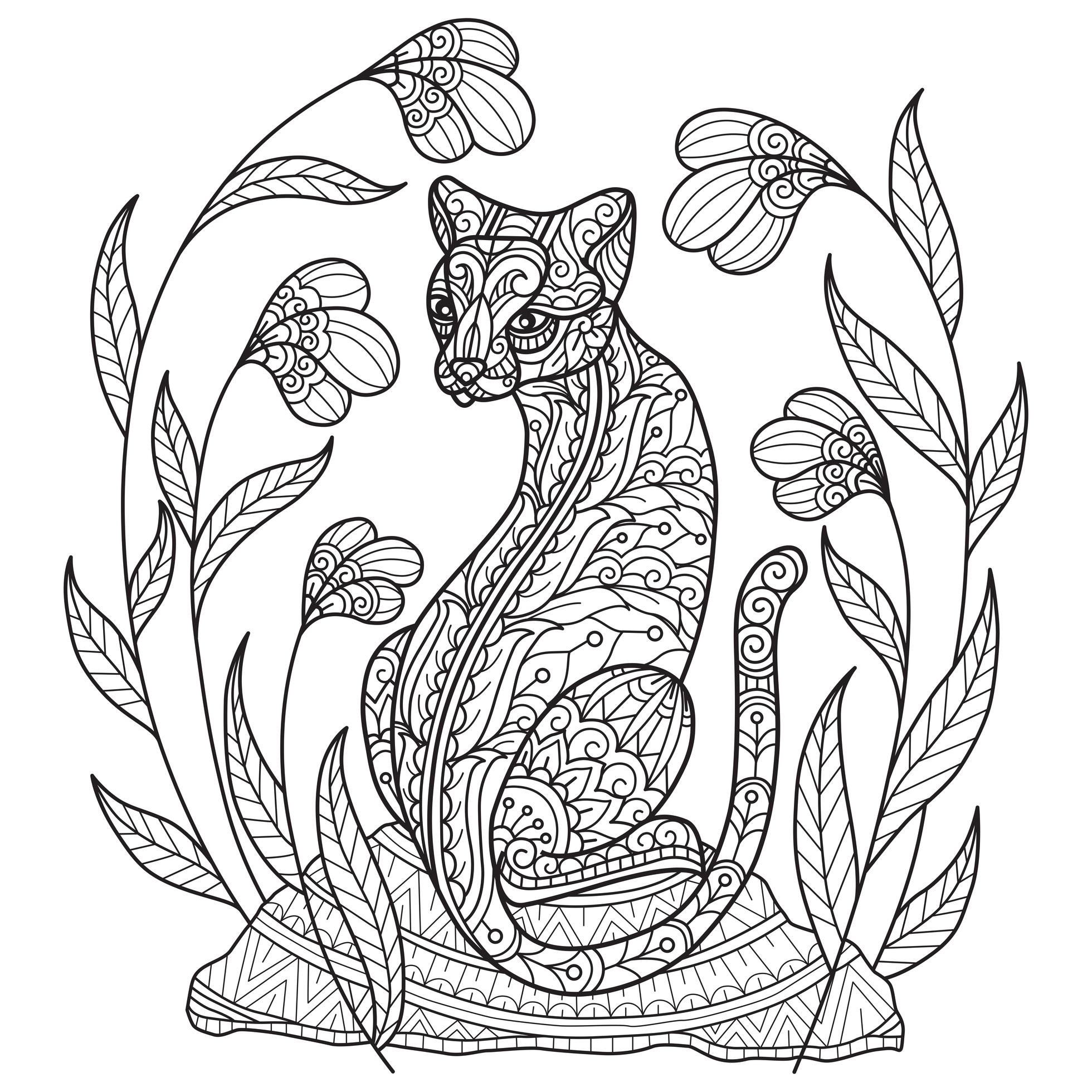 Cat and Flower Coloring Page 1072274 Vector Art at Vecteezy