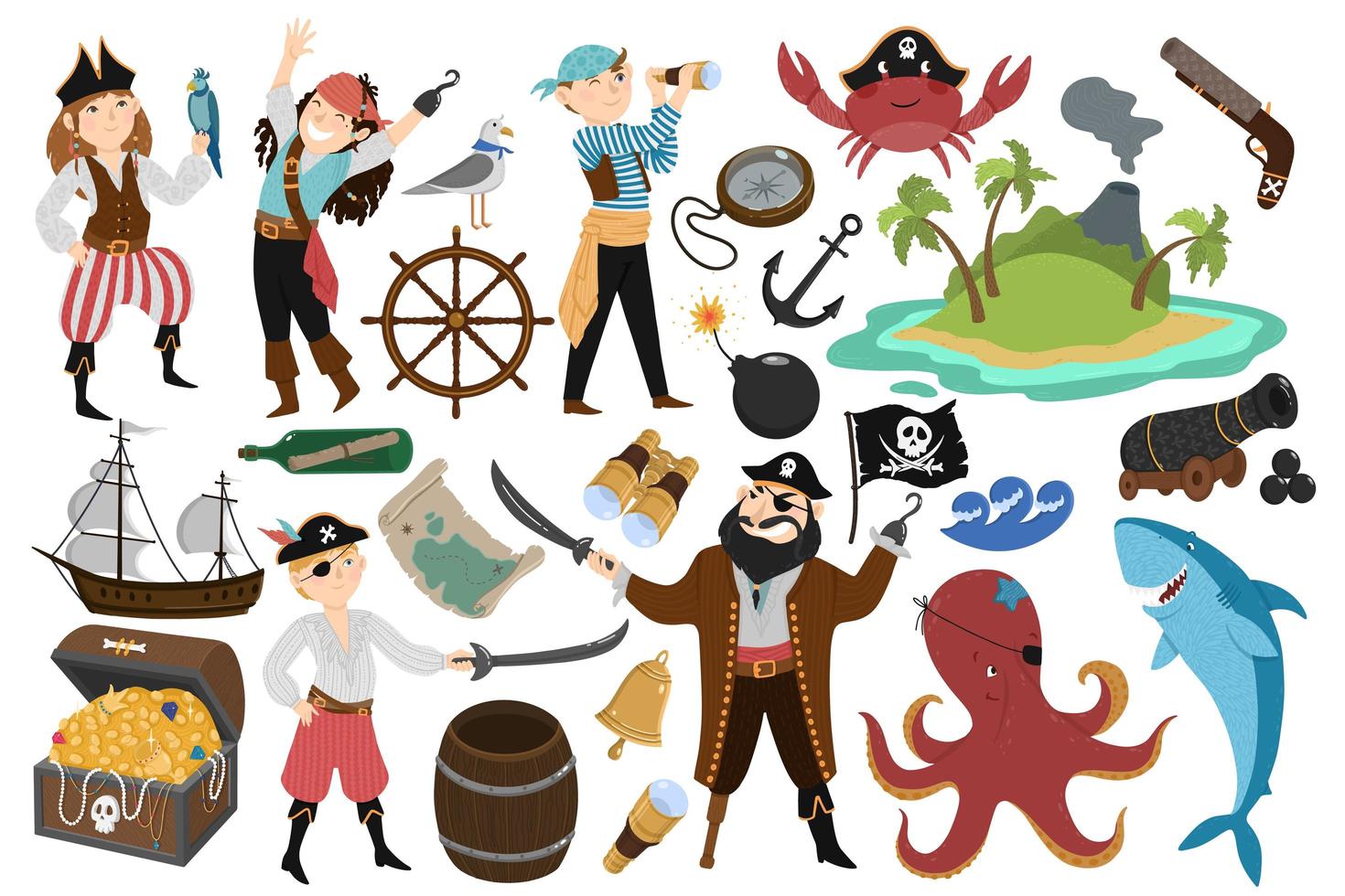 Pirate set in hand drawn style vector