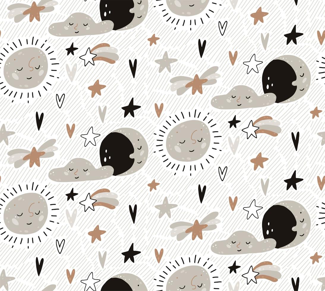 Hand drawn baby sun, cloud,  and moon seamless pattern vector