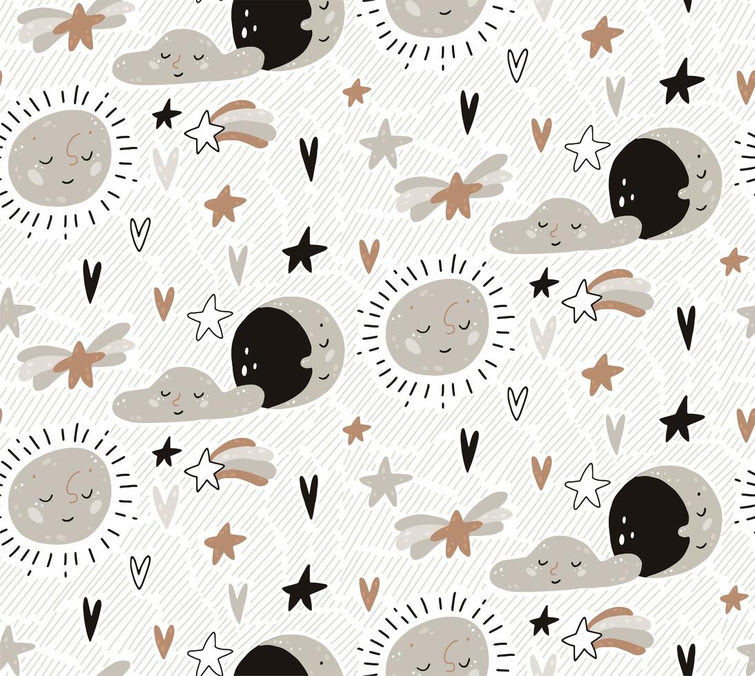 Hand drawn baby sun, cloud,  and moon seamless pattern vector