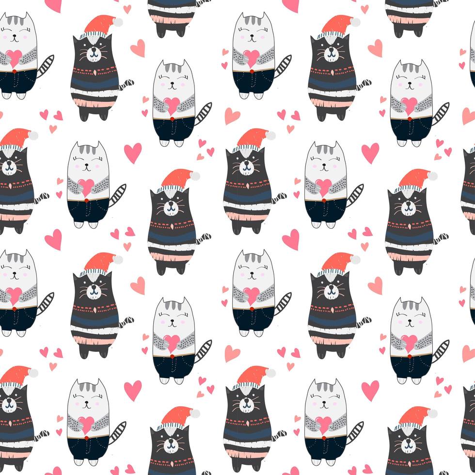 Kids Pattern with Cute Cats with Hearts  vector