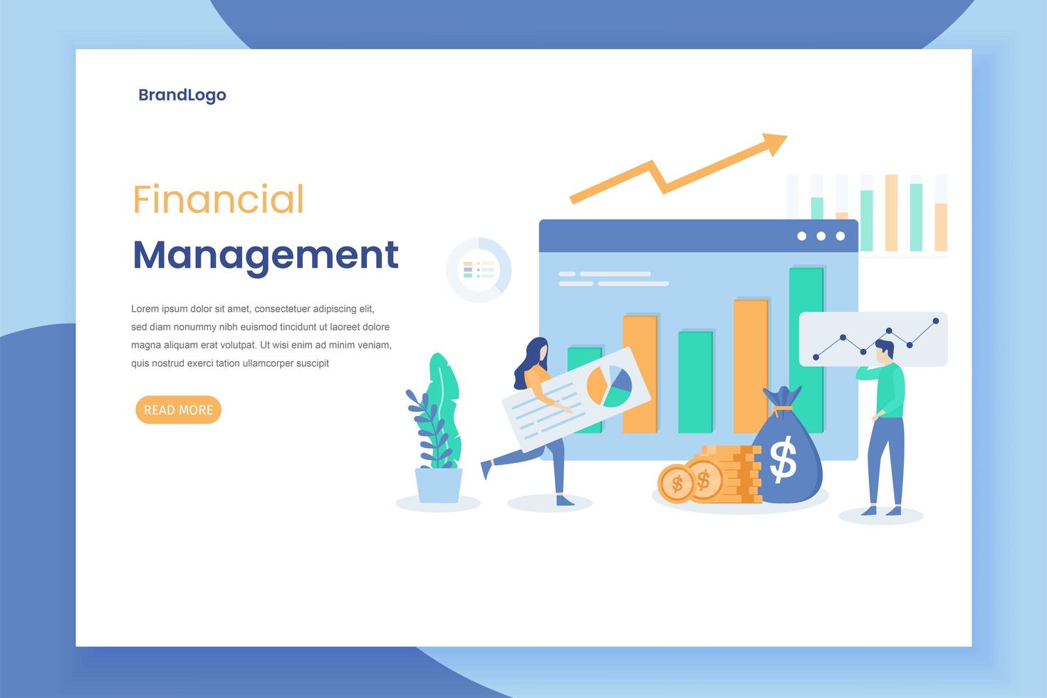 Financial management landing page with charts and graphs vector