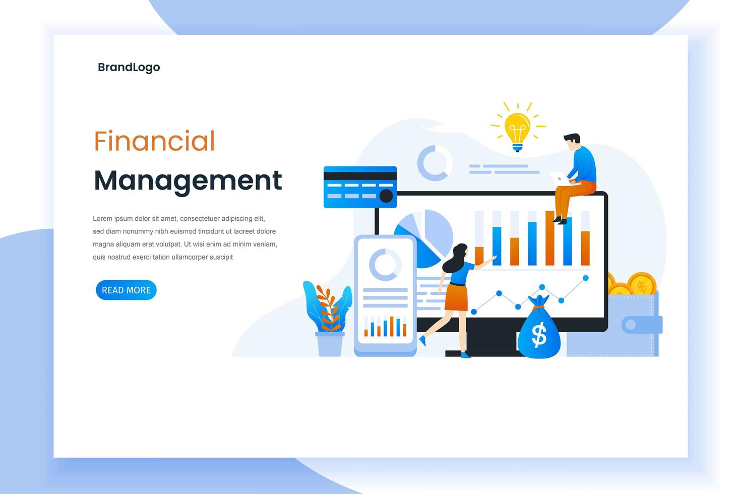 Financial management landing page with people and devices vector