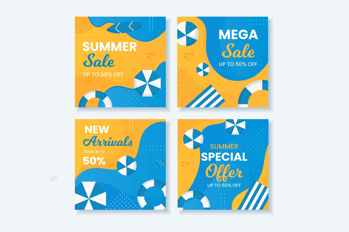 conjunto de publicaciones de redes sociales de venta de verano azul y amarillo vector