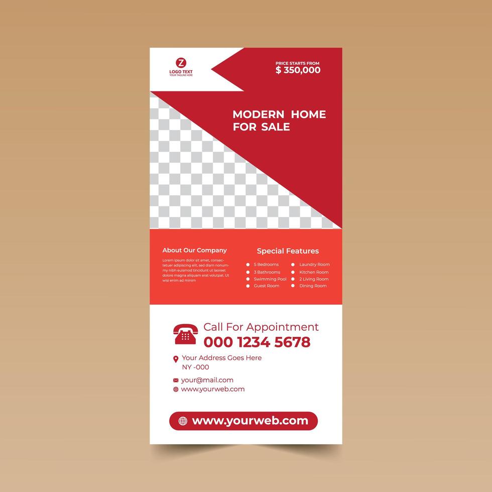 plantilla de diseño de tarjeta publicitaria roja inmobiliaria vector