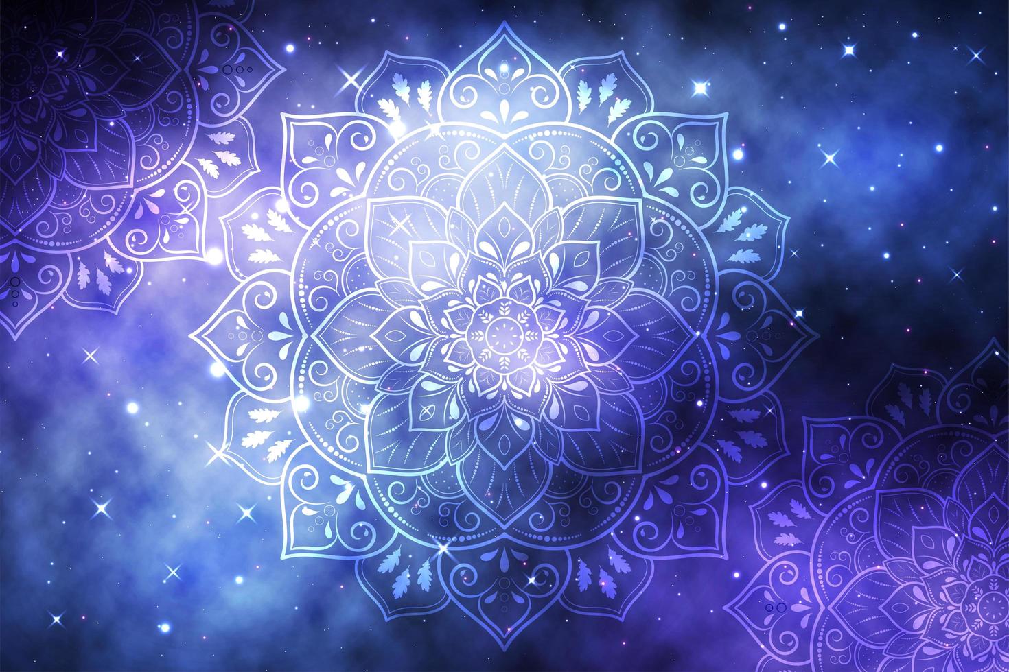 Flower mandalas on blue galaxy background vector