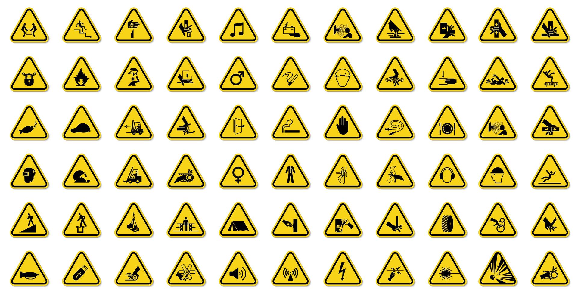 Señal de advertencia con iconos negros en triángulo amarillo vector