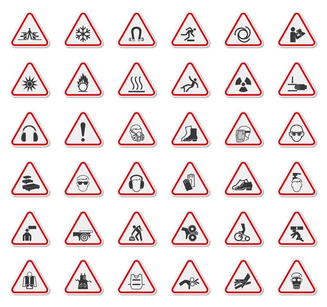 Warning Sign Set with Icons in Red Outlined Triangle vector