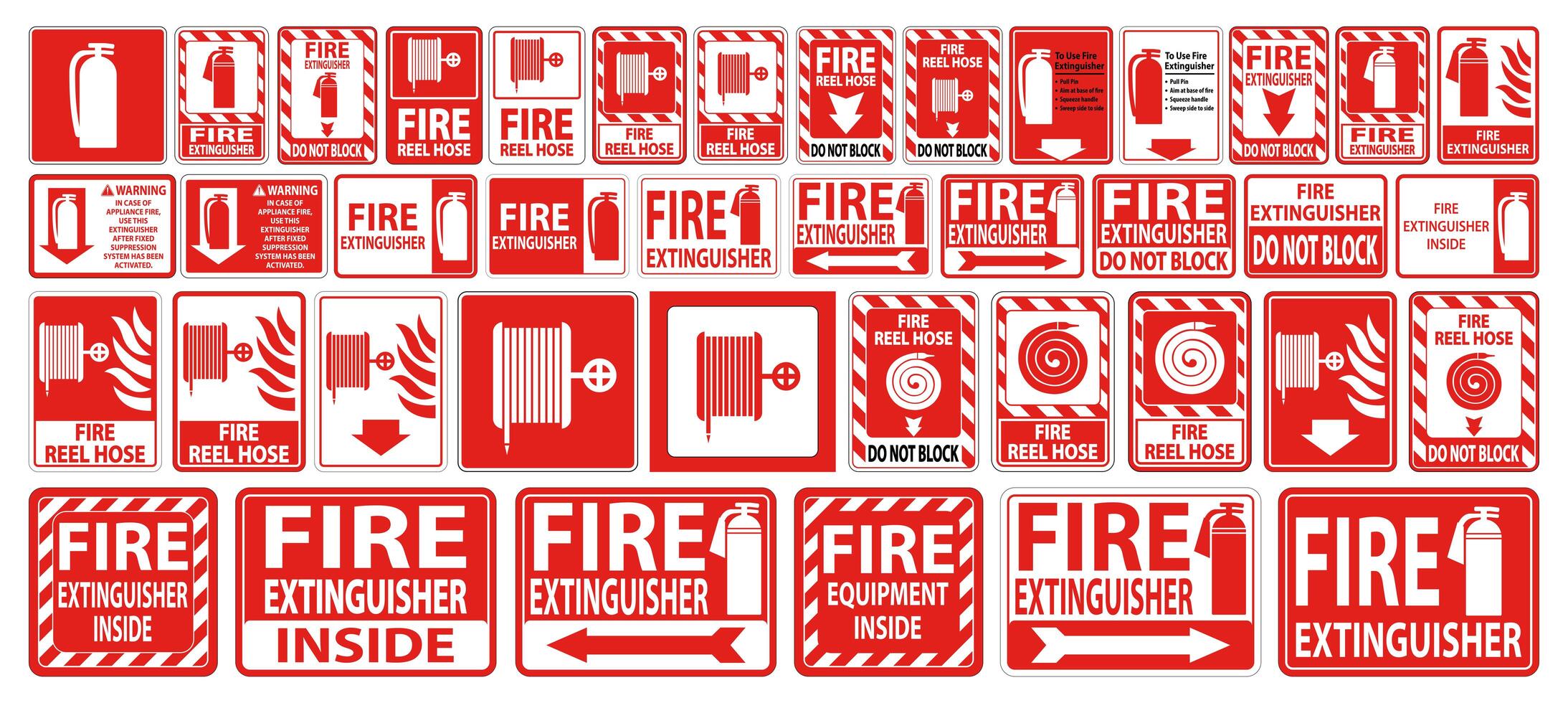 Fire Hose and Extinguisher Sign or Label Set vector