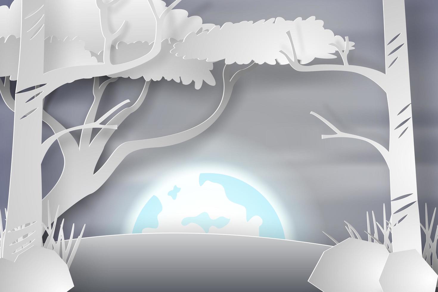 Paper Art Trees in Snow with Full Moon  vector