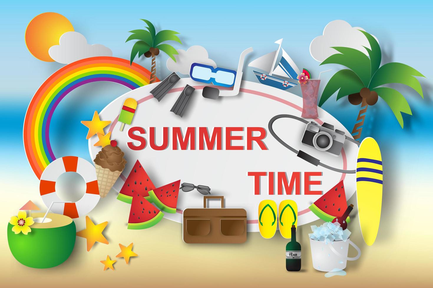 Paper Art Summer Time Design Elements  vector