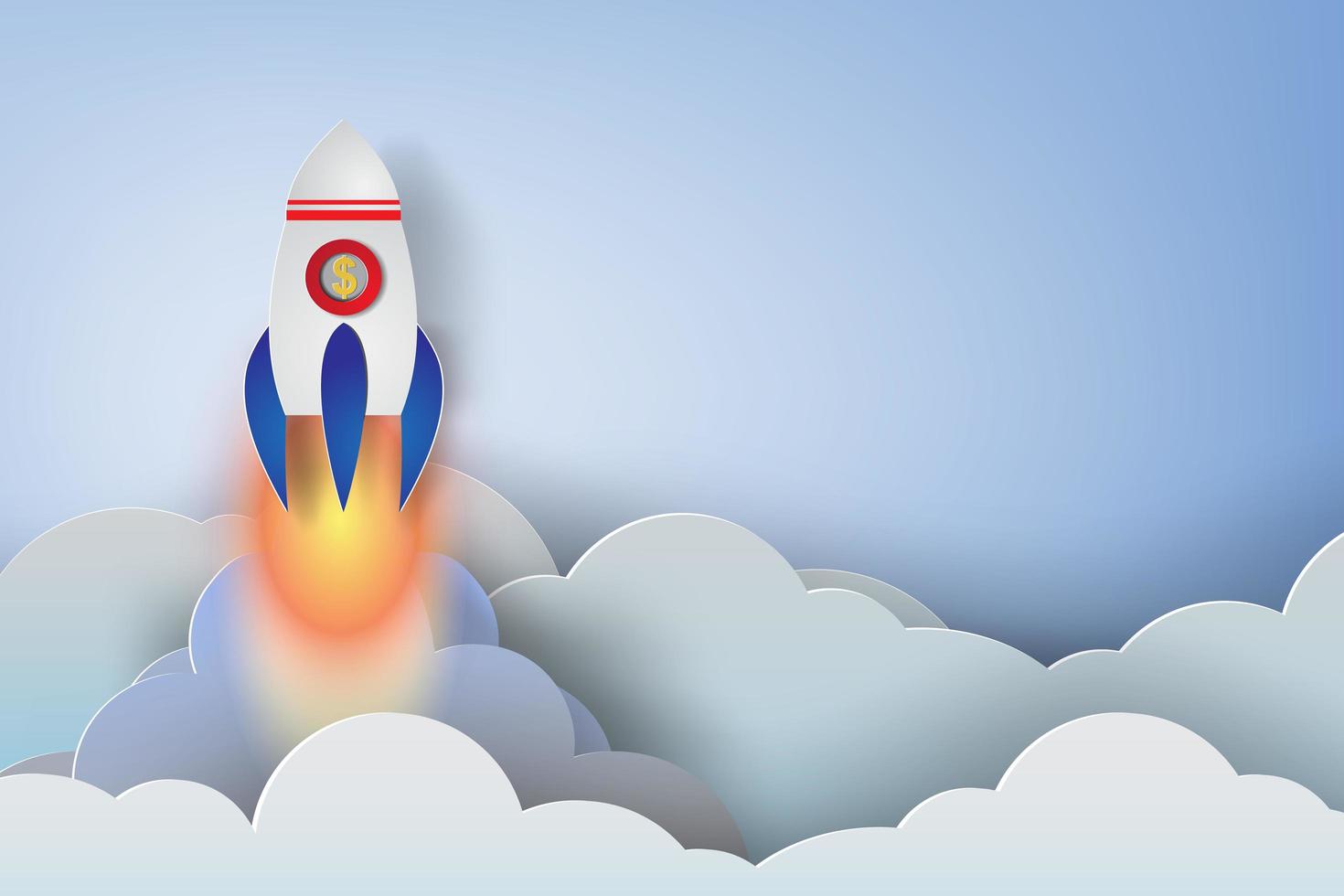 Paper Art Rocket Launching Up Through Clouds  vector