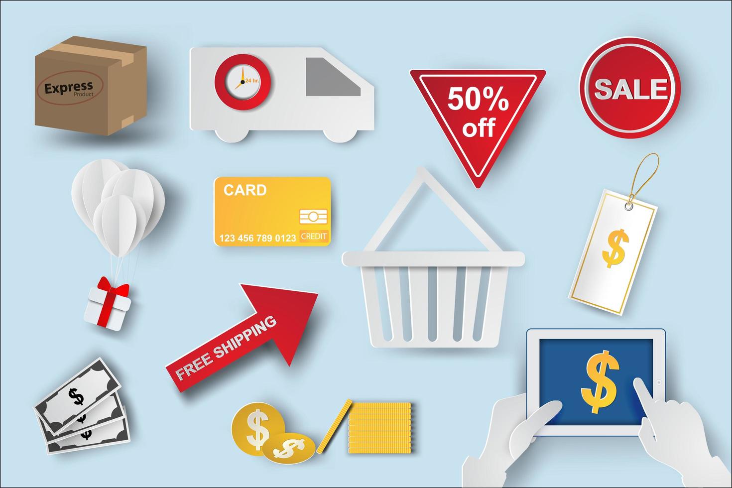 Paper Art E-commerce Icons Set vector