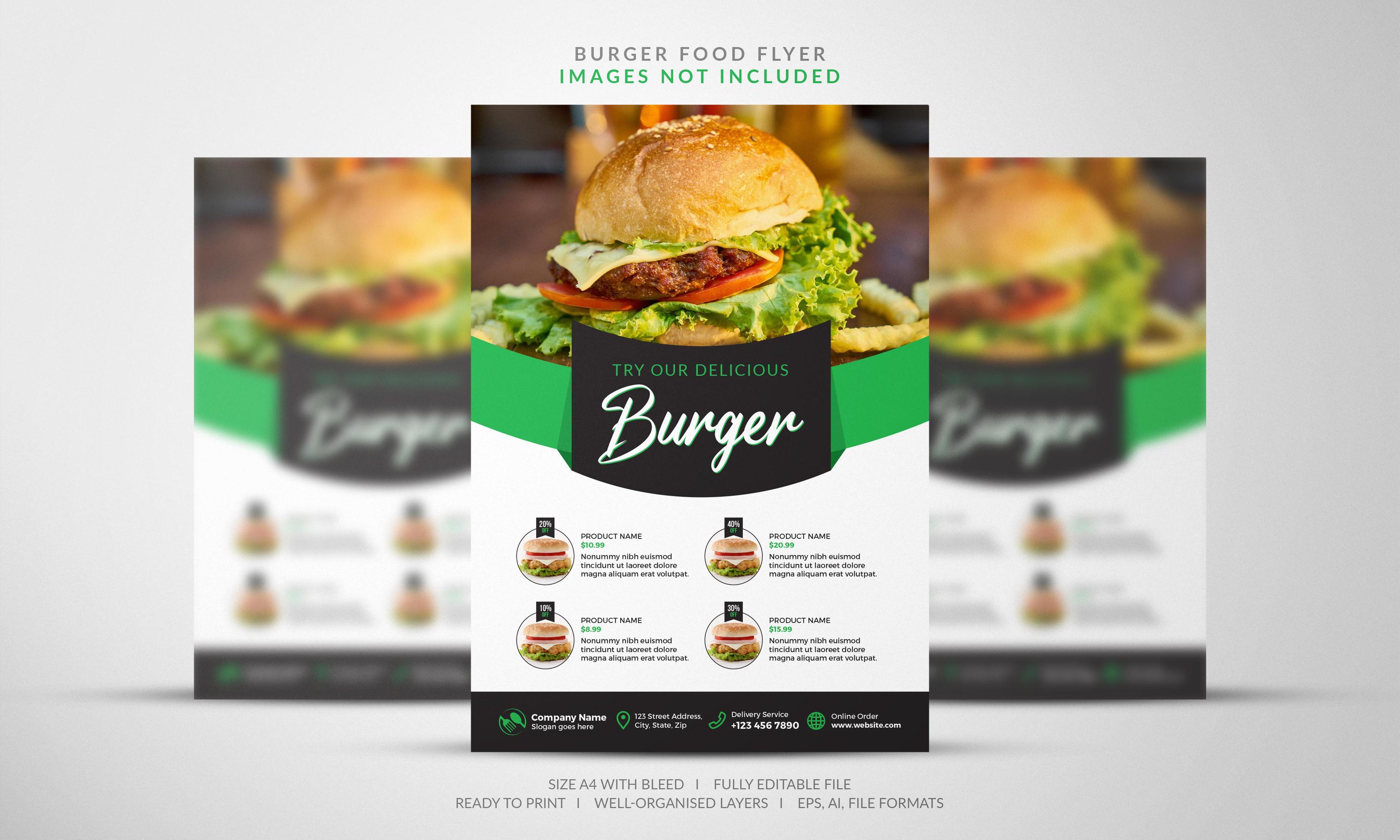 Burger flyer in green and black vector