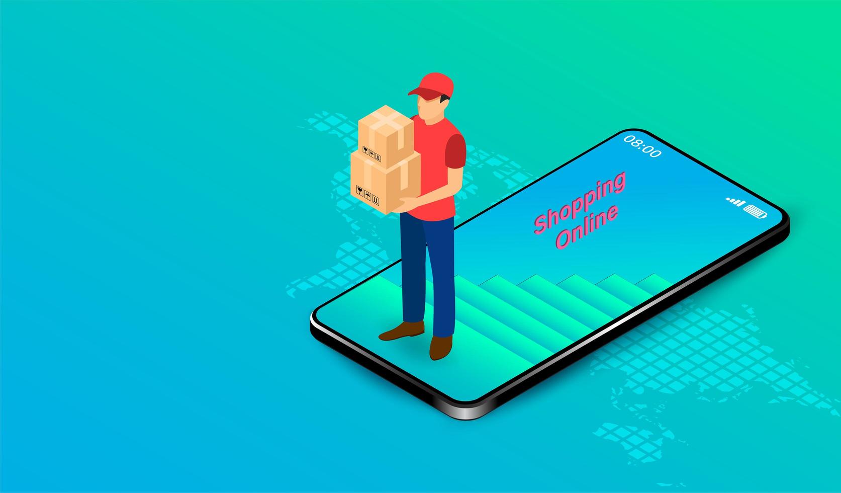 Delivery Man with Boxes Walking Out of Mobile vector