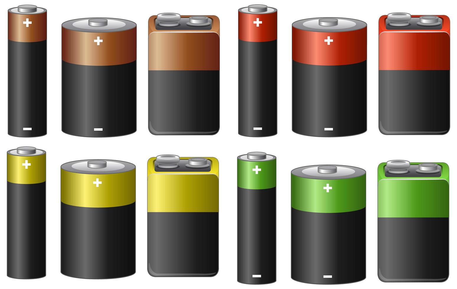 Set of batteries in many sizes and colors vector