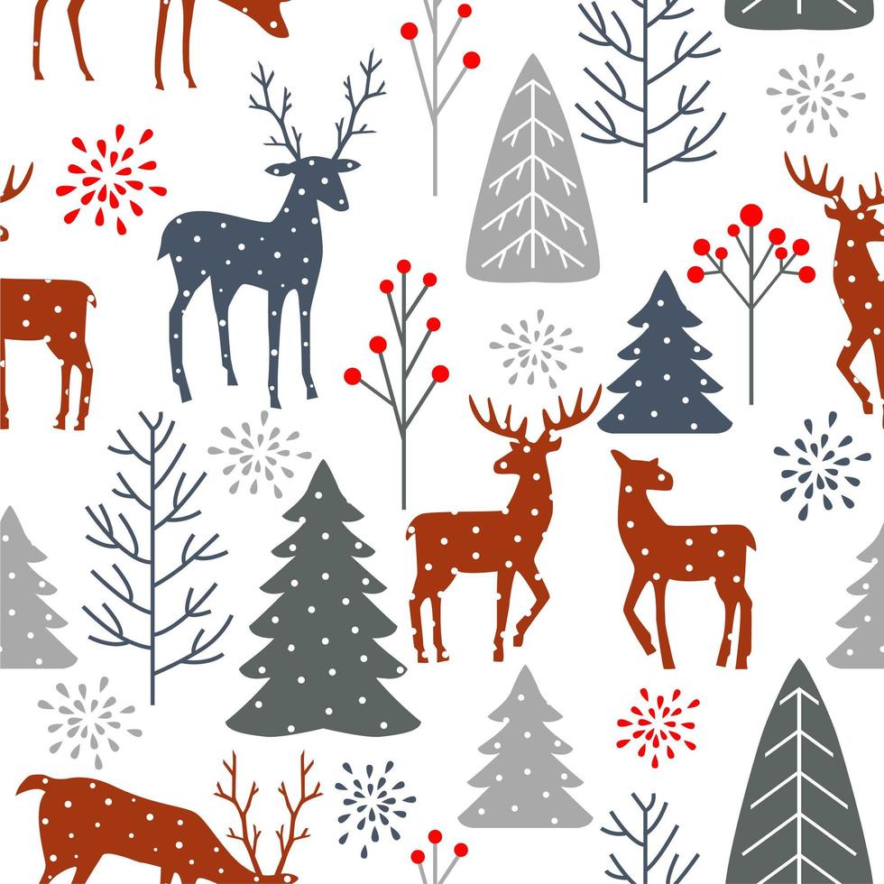 Seamless winter Christmas forest with deer pattern vector