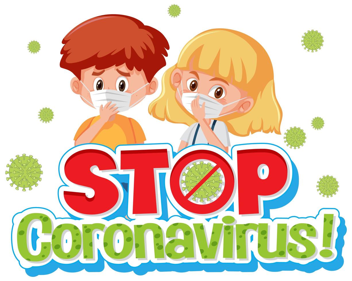 Stop coronavirus poster with children wearing mask vector