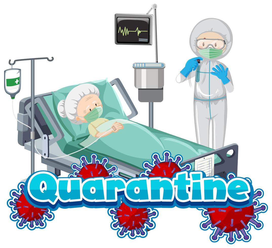 Diseño de carteles de cuarentena con mujer enferma y médico en el hospital vector