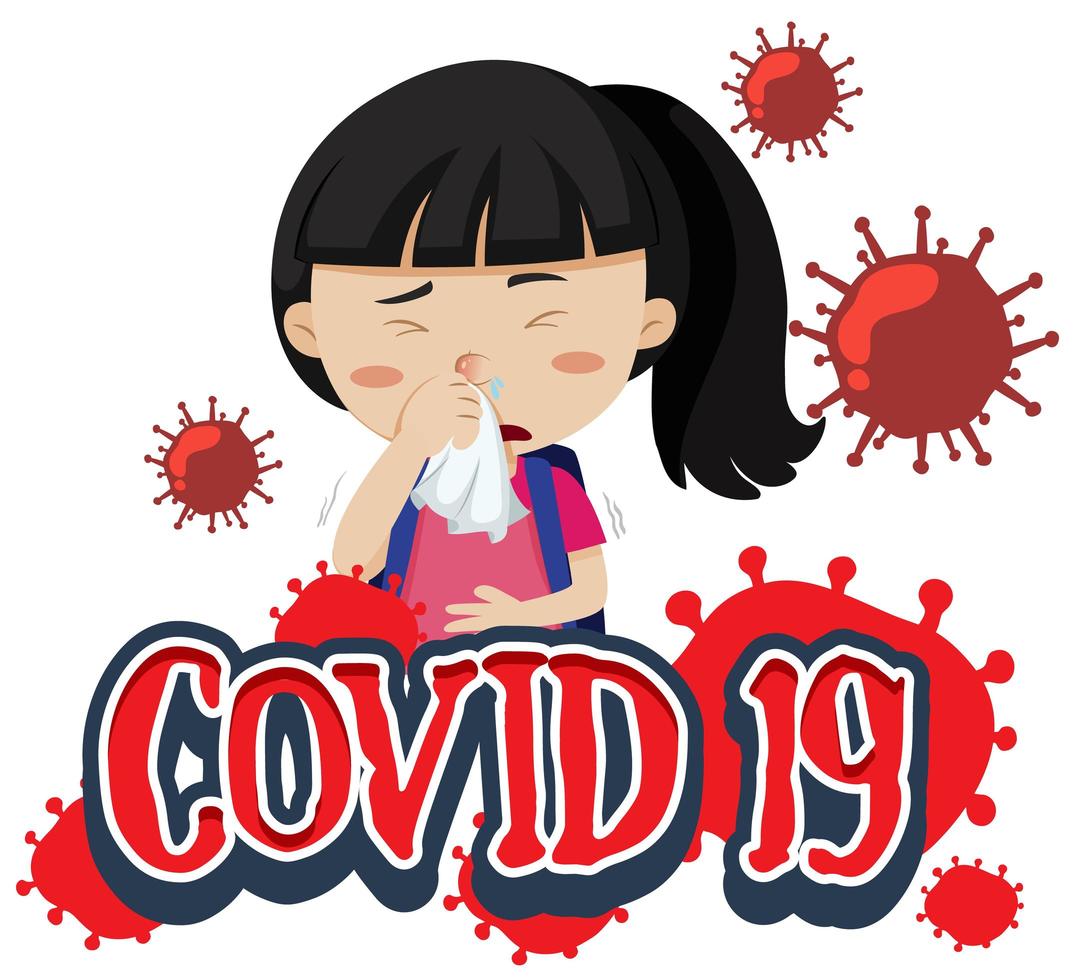 Font design covid-19 poster with sick girl vector