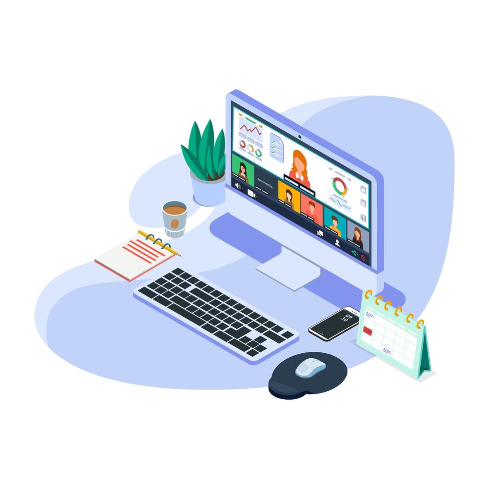 Isometric online video conference kit vector