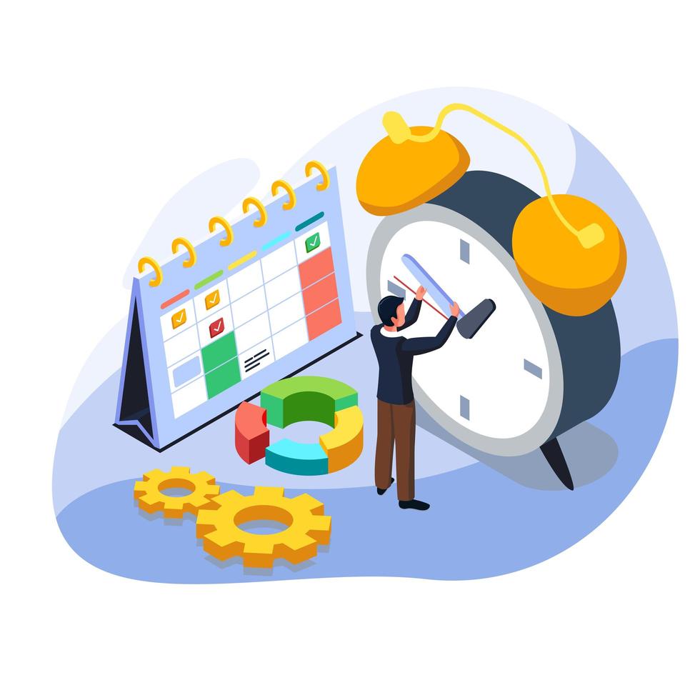Man set alarm clock schedule to manage his work time 1100085 Vector Art at Vecteezy