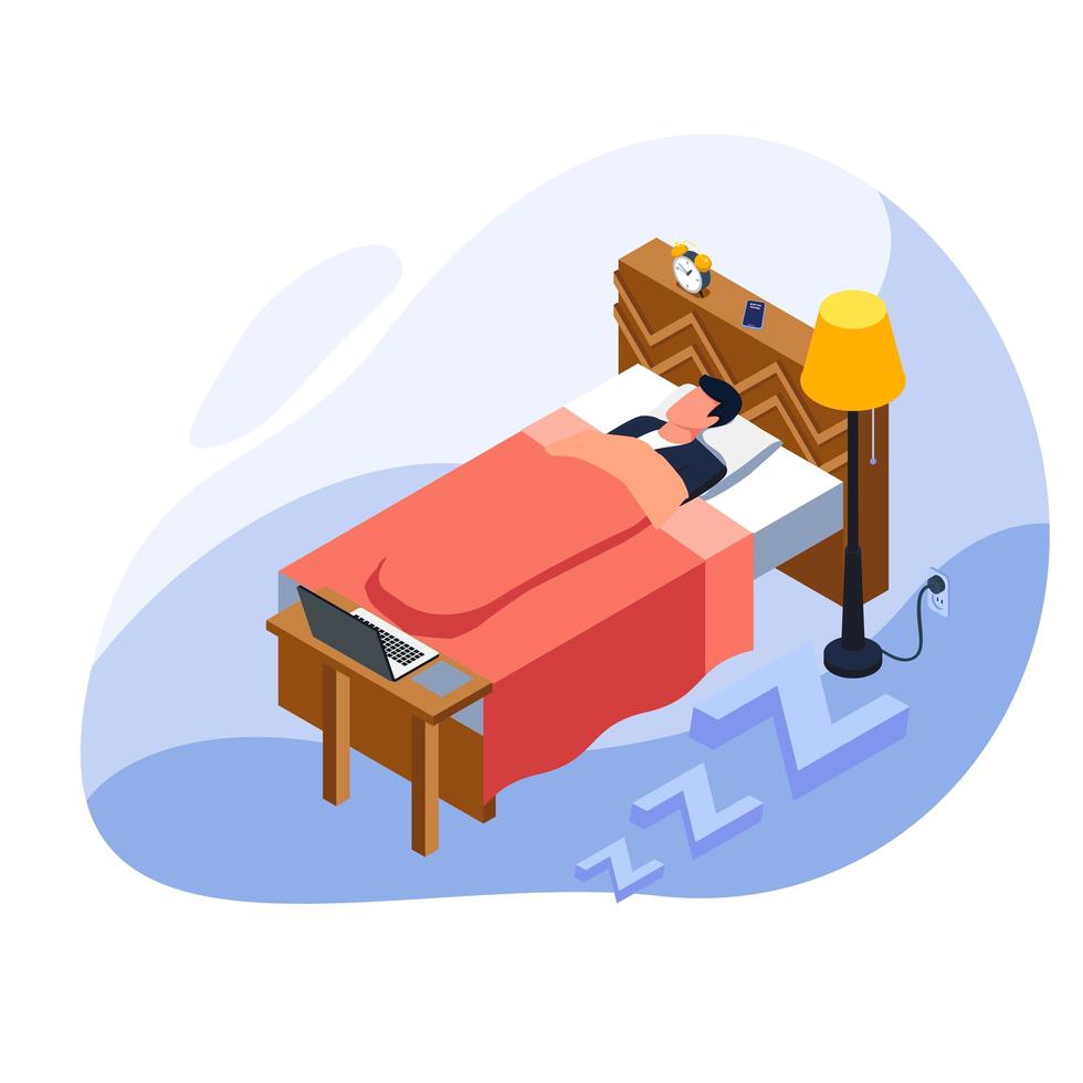 hombre cansado y durmiendo en la cama frente a su computadora portátil vector