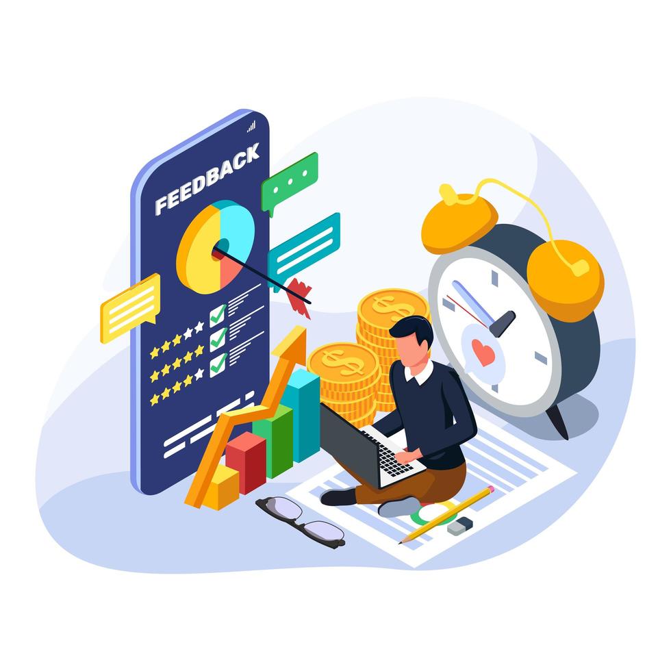 Man success to manage his finance growth. Isometric financial management illustration. vector